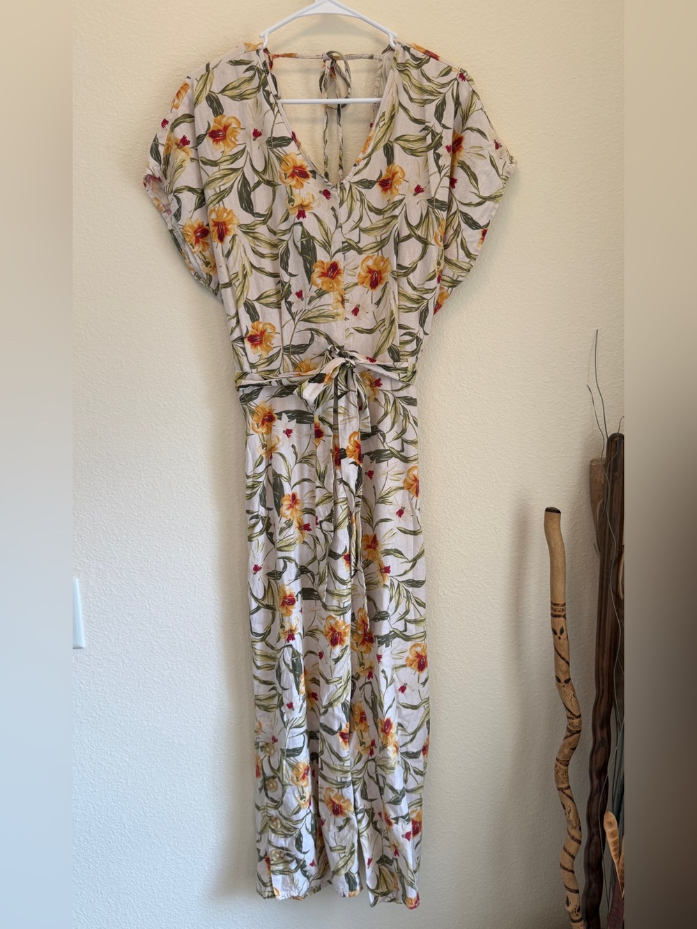 Kensie Linen Blend Floral Tie Waist Cropped Jumpsuit Size L